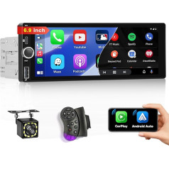 Inefala Auto radio 1 DIN ar Apple CarPlay Android Car, bezvadu, 6,9 collu skārienjūtīgais ekrāns ar Bluetooth brīvroku savienojumu, FM/RDS radio, Link Mirror, SWC, EQ, C tipa uzlāde/TF/USB/MIC/AUX +