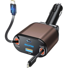 OHLPRO Izvelkamais auto lādētājs 4-in-1 USB C [PD3.0 & QC3.0] Ātrs lādētājs, cigarešu aizdedzinātāja kontaktdakšas adapteris 78 W ar Lightning lādēšanas kabeli, mobilo tālruņu auto lādētājs iPhone 15, 14, 13 Pro, Max,