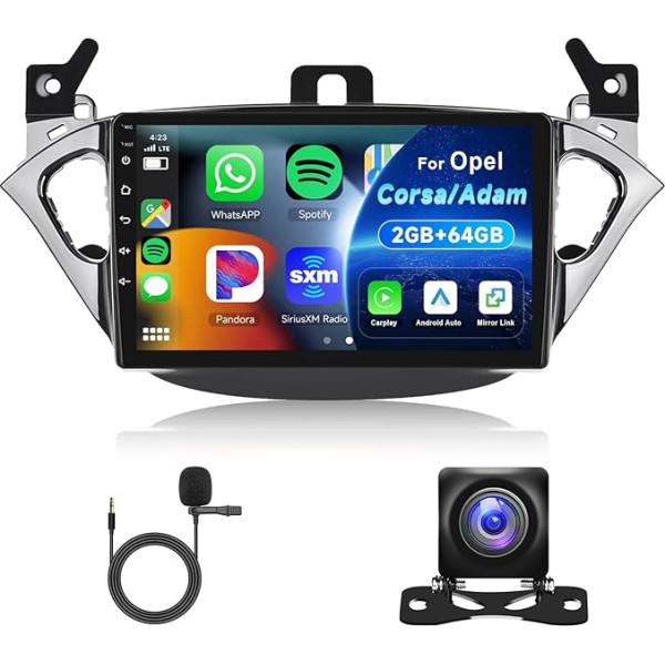 Hodozzy 2 GB 64 GB Android auto radio Opel Corsa 2015-2019 Opel Adam 2013-2016 Carplay Android auto spoguļa saite, 9 collu skārienjūtīgais ekrāns 2 DIN radio ar Bluetooth GPS WiFi FM RDS Hi-Fi atpakaļgaitas sistēma