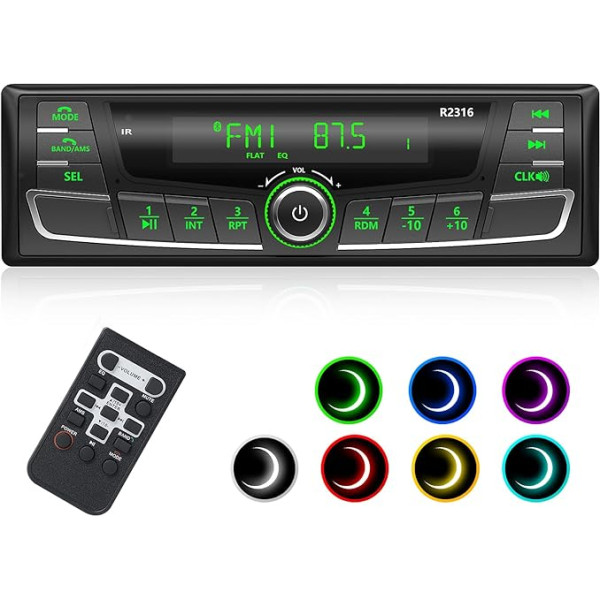 RDS Bluetooth autoradio, Wistrue FM/AM/7 krāsu auto radio ar Bluetooth brīvroku sistēmu, 1Din auto radio ar USB/AUX/SD/MP3 atskaņotāju, saderīgs ar iOS un Android (daudzkrāsu)