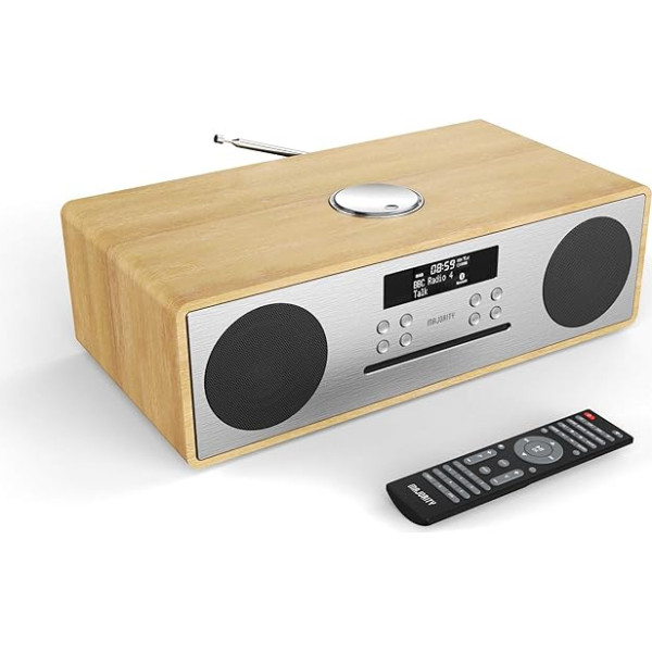 Majority Oakington DAB/DAB+/FM digitālais radio - CD atskaņotājs - Bluetooth - Stereo skaļruņu sistēma - Tālvadības pults - Dual USB ieeja/uzlāde - AUX un USB savienojums (ozols)