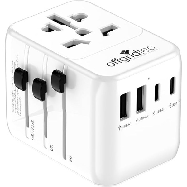 Offgridtec universālais ceļojuma adapteris visā pasaulē 2 x USB-A un 2 x USB-C, balts