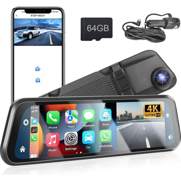 Podofo 4K spoguļa kamera ar bezvadu A-pple Carplay un Android Car 12 collu skārienjūtīgais ekrāns Full HD autokamera ar cilpas ierakstīšanu un G-sensoru 64G SD karte