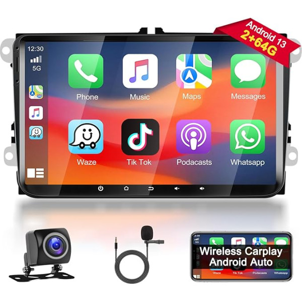 Podofo 2+64G 9 collu autoradio VW Golf 5 6 Polo Seat Skoda Caddy Touran Passat B6 ar Wireless Carplay Android Car, Android 13 Radio ar ekrānu, Bluetooth, WiFi, GPS, RDS + atpakaļgaitas kamera