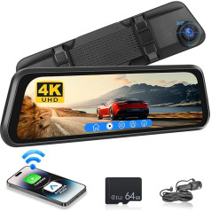 4K atpakaļgaitas kameras spogulis ar 12 collu ekrānu - spoguļa kamera ar bezvadu Carplay un Android Car - WiFi G-sensora cilpas ierakstīšana Spoguļa savienojums FM + 64G TF karte