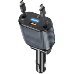 OHLPRO ievelkams 4-in-1 auto lādētājs, 62 W, četri porti, ievelkams auto lādētājs ar ievelkamu kabeli (31,5 collas), piemērots iPhone/Huawei/Xiaomi/Google Pixe (Type-C + Type-C)