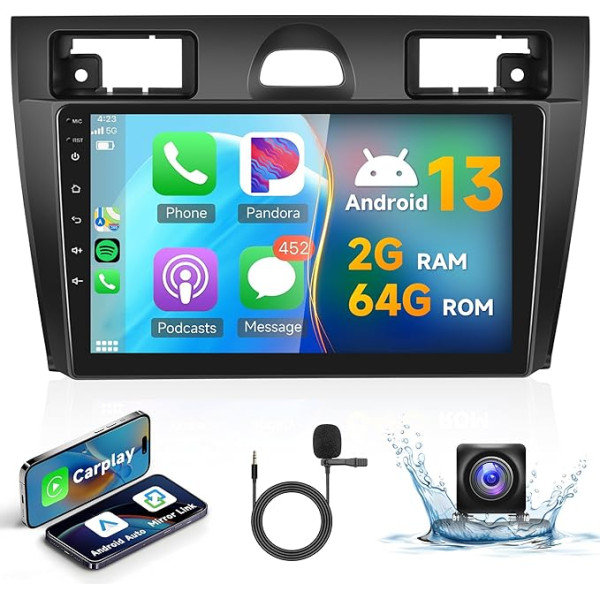 2G + 64G bezvadu Carplay Android 13 Auto radio 2 DIN Ford Fiesta Mk5 Mk VI 2002-2008 ar Android auto navigāciju GPS WiFi 9 collu auto radio ar spoguļa savienojumu Bluetooth FM/RDS/DAB+/OBD2/DVR/SWC aizmugurējais