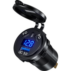 Dvigubas PD 3.0 USB automobilinis įkroviklis, dvigubas 45W PD C tipo ir 18W QC3.0 12V USB lizdas su jungikliu ir voltmetru, greitasis įkrovimas, atsparus vandeniui, skirtas automobiliui, valčiai, motociklui, jūriniam sunkvežimiui