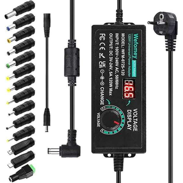 3~24V 5A 120W regulējams strāvas adapteris Universāls pārveidotājs no 100V-240V maiņstrāvas uz līdzstrāvu 5A ar 14 pieslēgvietām mājsaimniecības elektronikai 3V~24V un LED lentēm, maks. 5000mA