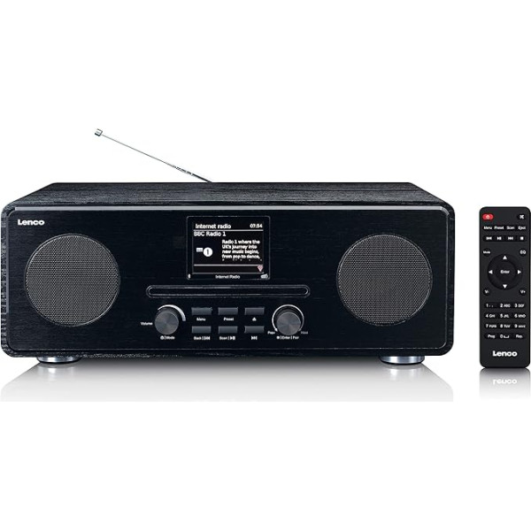 Lenco DIR 260 interneta radio ar Wi-Fi - Digitālais radio ar Bluetooth un Wi-Fi - DAB+ FM radio - CD atskaņotājs 2,8 collu krāsu displejs - AUX - Brīdinātāja funkcija - App vadība caur Undok - 2 x 10 W RMS - melns