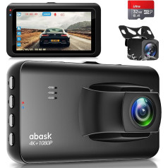 abask Dash Cam Auto priekšējā 4K aizmugurējā 1080P, auto kamera 320 grādu leņķī ar 32GB karti, iebūvēts 3 collu displejs, Dash Cam ar atpakaļgaitas palīgierīci, stāvvietas uzraudzība, nakts redzamība, G-sensors, cilpas ierakstīšana