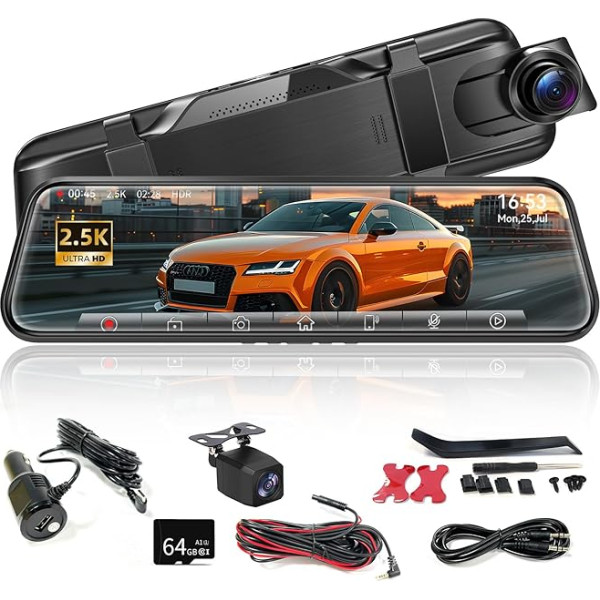 Alpinetech 9,66 collu 2,5K atpakaļgaitas kameras spogulis ar bezvadu CarPlay Android auto, spogulis Dashcam ar nakts redzamības nakts redzamības palīdzību Loop Recording Bluetooth Mirror Link AUX SD karte HD Touch Screen Black