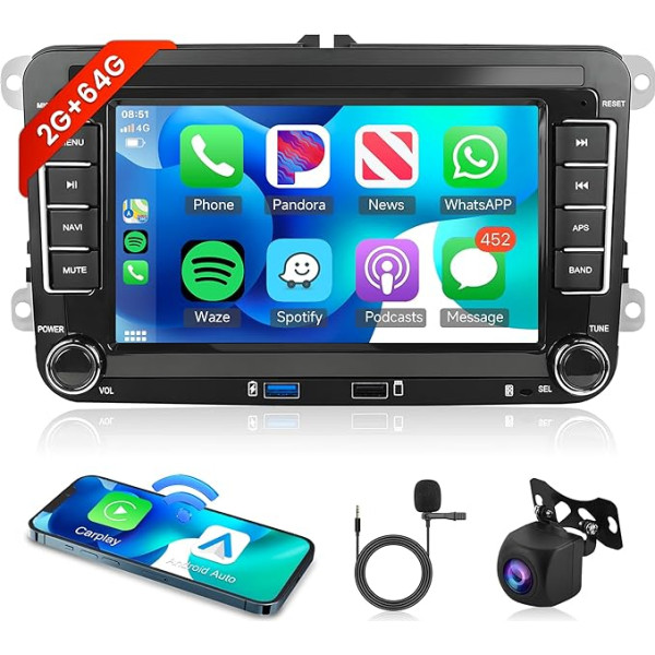 2G + 64G bezvadu Carplay Android 13 auto radio VW Golf 5 6 Passat Polo Tiguan Touran Caddy Skoda Seat 7 collu auto radio ar Android GPS navigāciju WiFi Mirror Link Bluetooth FM/RDS/DAB