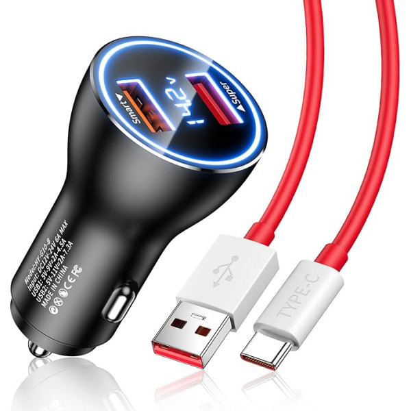 Cigarešu aizdedzinātāja USB lādētājs 80 W Supervooc Charge priekš OnePlus Nord 2T/10 Pro, USB ātrās uzlādes auto lādētājs ar 1 m USB C kabeli USB auto lādētājs Oneplus 11 9 Pro Nord CE 3 Lite OPPO