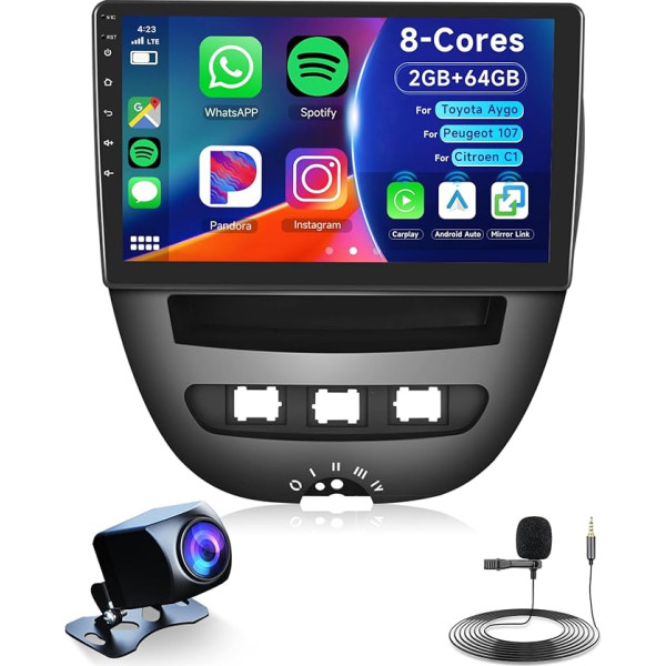 Hodozzy 2G + 64G 8 kodolu Android auto radio Toyota Aygo/Peugeot 107/Citroën C1 2004-2014 10,1 collu IPS skārienjūtīgais ekrāns ar DSP GPS navigāciju Bezvadu Carplay Android auto WiFi Bluetooth FM RDS radio