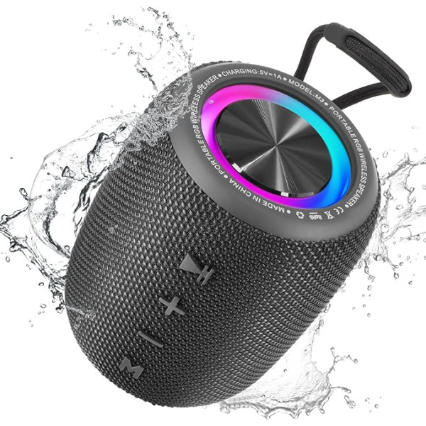 SENXINGYAN Bluetooth skaļrunis 20 W, Bluetooth kaste, LED mūzikas kaste, ūdensizturīga IPX6, 360° HD stereo skaļruņa skaņa, 16 h atskaņošanas laiks, atbalsta FM radio/AUX/TF (melns)