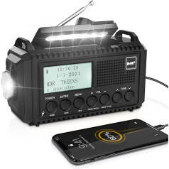 DAB/DAB+/FM digitālais radio ar iebūvētu 5000 mAh akumulatoru Saules radio Avārijas radio ar USB mobilā tālruņa uzlādes funkciju Kempings radio ar LED lukturīti SOS signalizācija Pārnēsājams kloķveida radio āra lietošanai