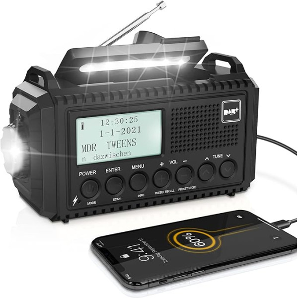 DAB/DAB+/FM digitālais radio ar iebūvētu 5000 mAh akumulatoru Saules radio Avārijas radio ar USB mobilā tālruņa uzlādes funkciju Kempings radio ar LED lukturīti SOS signalizācija Pārnēsājams kloķveida radio āra lietošanai