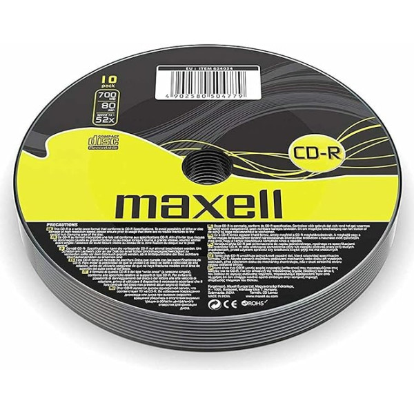 Maxell 624034 CD-R 80 XL Rohlinge (52x ātrums, 700MB, 10 gab., saraucams) (10 disku iepakojums - sarauktā faila)