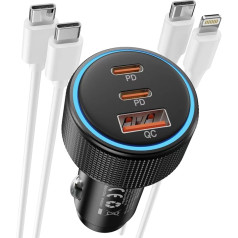 Dresz 66 W cigarešu aizdedzinātāja mini USB C auto lādētājs, 3 portu auto lādētājs ar USB C kabeli un Lightning kabeli, MFi sertificēts, piemērots iPhone 14/15 Pro Max, Google Pixel, Samsung S24/S23