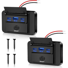 2 USB uzlādes ligzdu komplekts, 12 V auto lādētājs, dubultais PD3.0 C tipa un QC3.0 USB mobilā tālruņa ātrās uzlādes lādētājs, ūdensizturīgs ar slēdzi 12 V/24 V autofurgoniem, automašīnām, motocikliem, kravas automašīnām