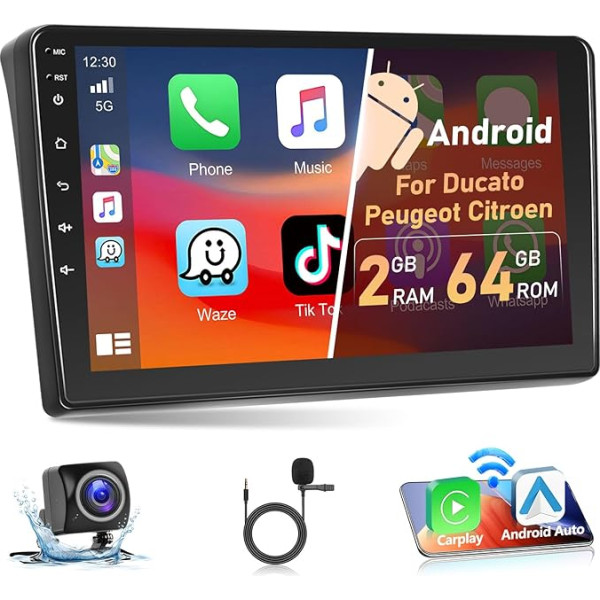 Podofo 2+64G auto radio Fiat Ducato Peugeot Boxer Citroen Jumper ar bezvadu Carplay Android auto, Android 13 9 collu auto radio ar ekrānu Bluetooth/WLAN/GPS/RDS radio + HD aizmugures skata kamera