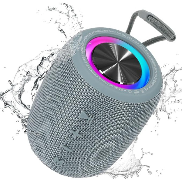 SENXINGYAN Bluetooth skaļrunis 20 W, Bluetooth kaste, LED mūzikas kaste, ūdensizturīga IPX6, 360° HD stereo skaļruņa skaņa, 16 h atskaņošanas laiks, atbalsta FM radio/AUX/TF (pelēks)