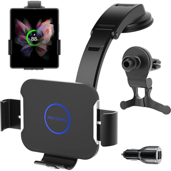 Olycism 15W divu spoļu mobilā tālruņa turētājs automašīnā Samsung Z Fold 5/4/3 inteliģentajiem bezvadu lādētājiem Qi Car Mount gaisa ventilācijas atverēm, instrumentu panelim, Samsung Galaxy Z Fold 5/4/3/2