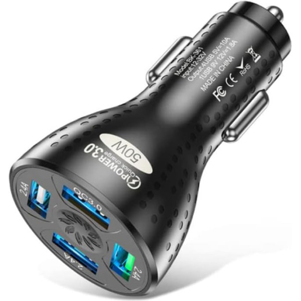 Olakey BK361-H USB auto lādētājs, 4 pieslēgvietu auto lādētāja auto adapteris, saderīgs ar iPhone/iPad Galaxy, Google Pixel, LG un citiem (melns)