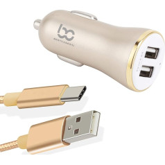 NWNK13 Ātrs auto lādētājs Samsung Galaxy A12,A32,A42,A52,A72 2 porti USB auto adapteris ātrai uzlādei 4.8A ar 1M C tipa USB kabeli (zelta krāsā)