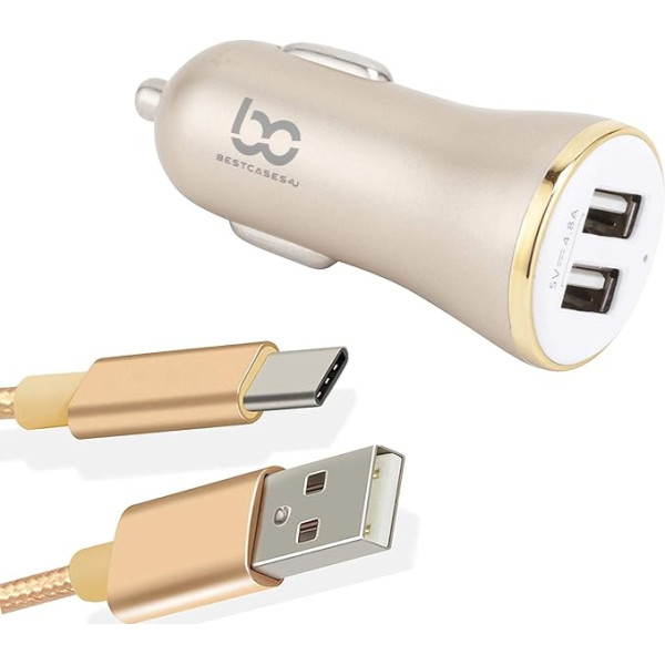 NWNK13 Ātrs auto lādētājs Samsung Galaxy A12,A32,A42,A52,A72 2 porti USB auto adapteris ātrai uzlādei 4.8A ar 1M C tipa USB kabeli (zelta krāsā)