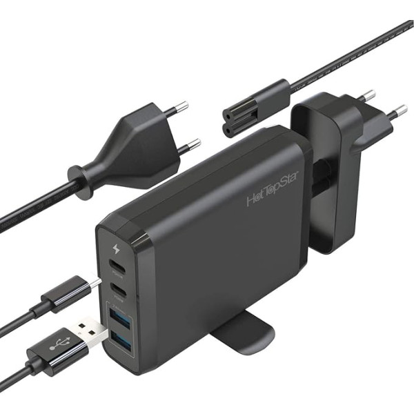 HotTopStar 75W 4 portu ceļojumu lādētāja adapteris ar 2 USB-C un 2 USB 3.0, 60W/18W dubulto USB C lādētāju un 5V/2.4A portu, kas saderīgs ar MacBook Pro/MacBook Air 2018, iPhone 11 Plus Max/11 Plus/11 Plus/11