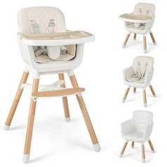 COSTWAY 6 viename aukšta kėdutė, aukšta kėdutė iš buko medienos su 5 taškų saugos diržu, nuimamas dvigubas padėklas ir sėdynės pagalvėlė, kūdikio kėdutė 6-36 mėn., 25 kg apkrova (smėlio spalvos, 6 viename )
