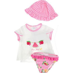3 dalių mero mergaičių maudymosi kostiumėlių rinkinys su maudymosi šortais, marškinėliais ir kepure – rožiniai / balti vaisiais