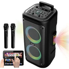 Vocal-Star karaoke automāts ar 2 bezvadu mikrofoniem, pārnēsājams 300 W skaļrunis, gaismas efekti, basi un diskanti, EQ, AUX, atbalss efekts, lieliski piemērots ballītēm, pieaugušajiem, bērniem — VS-Phoenix