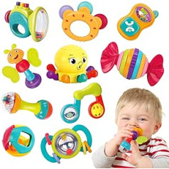 IZŅEMŠANA zīdaiņu rotaļlieta Rattle Teether, Rotaļlieta zīdaiņiem no 0 mēnešiem, 10 dab. Agrīnās izglītības rotaļlieta maziem bērniem, zēniem, meitenēm