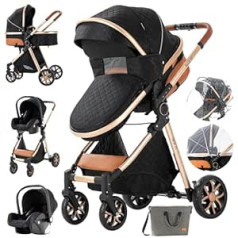 3-in-1 Combination Pram, 3-in-1 Infant Travel Systems, High Landscape Pushchair, Reclining Buggy, Newborn Pram, Foldable Standard Pram (225 Black)