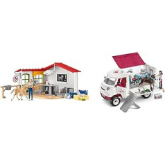 SCHLEICH 42502 veterinārā prakse ar mājdzīvniekiem, bērniem no 3 gadiem, Farm World — rotaļu komplekts un 42439 mobilais veterinārārsts ar Hannoveres kumeļu, bērniem no 5 līdz 12 gadiem, zirgu kluba rotaļu komplekts