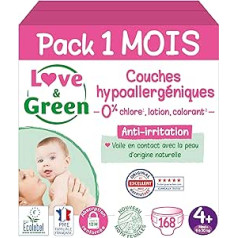 Love & Green - Healthy and Ecological Baby Nappies - Size 4+ (9-20 kg) - 1 Month Pack (Pack of 4 = 168 Nappies) - Absorbent, Leak-proof and Free from Unwanted Ingredients