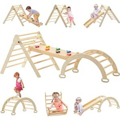 FUNLIO Foldable Pikler Climbing Triangle Set of 3 for Toddlers from 2-6 Years, Montessori Climbing Frame with Solid Wood, Adjustable 5-in-1 Indoor Climbing Frame with Arch/Slide/Climbing