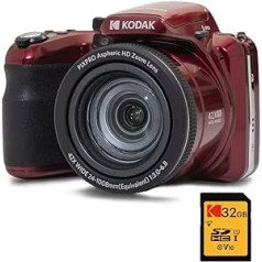 KODAK Pixpro Astro Zoom AZ425 — digitālās kameras tilts, 42x optiskā tālummaiņa, 24 mm platleņķis, 20 MP LCD 3, video Full HD 1080p, litija jonu akumulators — sarkans