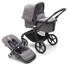 Bugaboo Fox 5 2-in-1 universalus vežimėlis su gultu ir ištraukiama kūdikio sėdyne, lengvai manevruojama ir sulankstoma viena ranka, juoda važiuokle ir pilkos spalvos melanžo stogeliu nuo saulės