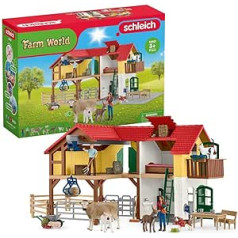 schleich 42407 Farm World Lauku māja ar stalli un dzīvniekiem, 97 gabalu ferma ar 3 istabām, 2 fermas figūriņas, lauksaimniecības dzīvnieki un daudz kas cits, rotaļlieta bērniem no 3 gadu vecuma