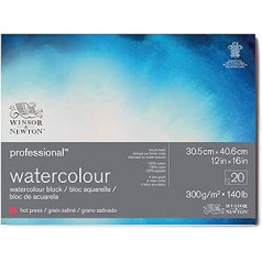 Winsor & Newton 6664008 Profesionāls akvareļu papīrs spilventiņā - 20 loksnes 30,5 x 40,6 cm, 300 g/m², satinēts, gaišs dabīgs balts papīrs arhīva kvalitātē, izturīgs pret dzeltēšanu