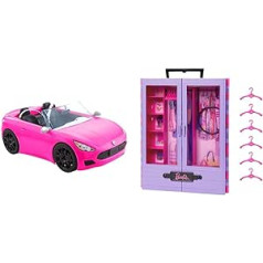 Barbie HBT92 — kabriolets transportlīdzekļa rozā krāsā ar ripošiem riteņiem un reālistiskām detaļām un drēbju skapi, lielisks skapis, apģērbu un aksesuāru kārtošanai