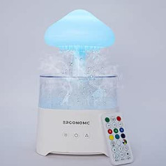 Rain Cloud Humidifier Water Droplets, 2 x Cool Mist Rate Ultrasonic Aromatherapy Diffuser by Ergonomc: Remote Controlled, 7 Colours Night Light, 450 ml, Automatic Shut-Off, Mushroom Humidifier