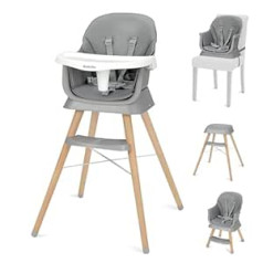 Ezebaby aukšta kėdutė + sėdynės paaukštinimas + vaikiška kėdutė + baro kėdė, 6 viename daugiafunkcinė kūdikio kėdutė, medinės kojos, nuo 6 mėnesių (pilka)