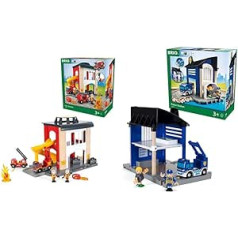 BRIO World 33833 lielais ugunsdzēsēju depo — ugunsdzēsēju depo ar ugunsdzēsēju avārijas transportlīdzekli un ugunsdzēsēju — mazu bērnu rotaļlieta, ieteicama no 3 gadiem un vilciens 33813 — policijas iecirknis ar avārijas transportl