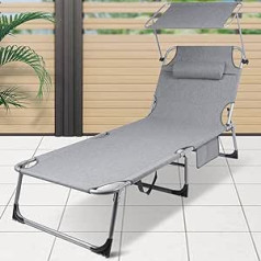 Soontrans Sun Lounger with Roof, Garden Lounger with Pillow & Carry Handles & Side Pocket, Extra Wide Lying Surface, Adjustable Backrest & Sun Protection, Foldable Sun Lounger for Beach (Light Grey)