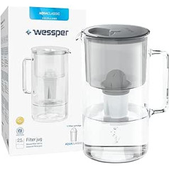 Wessper stikla ūdens filtra krūze, 2,5 l, saderīga ar Brita Classic ūdens filtra kasetnēm, iekļauta 1 ūdens filtra kasetne, samazina kaļķakmens un hlora daudzumu, pelēka